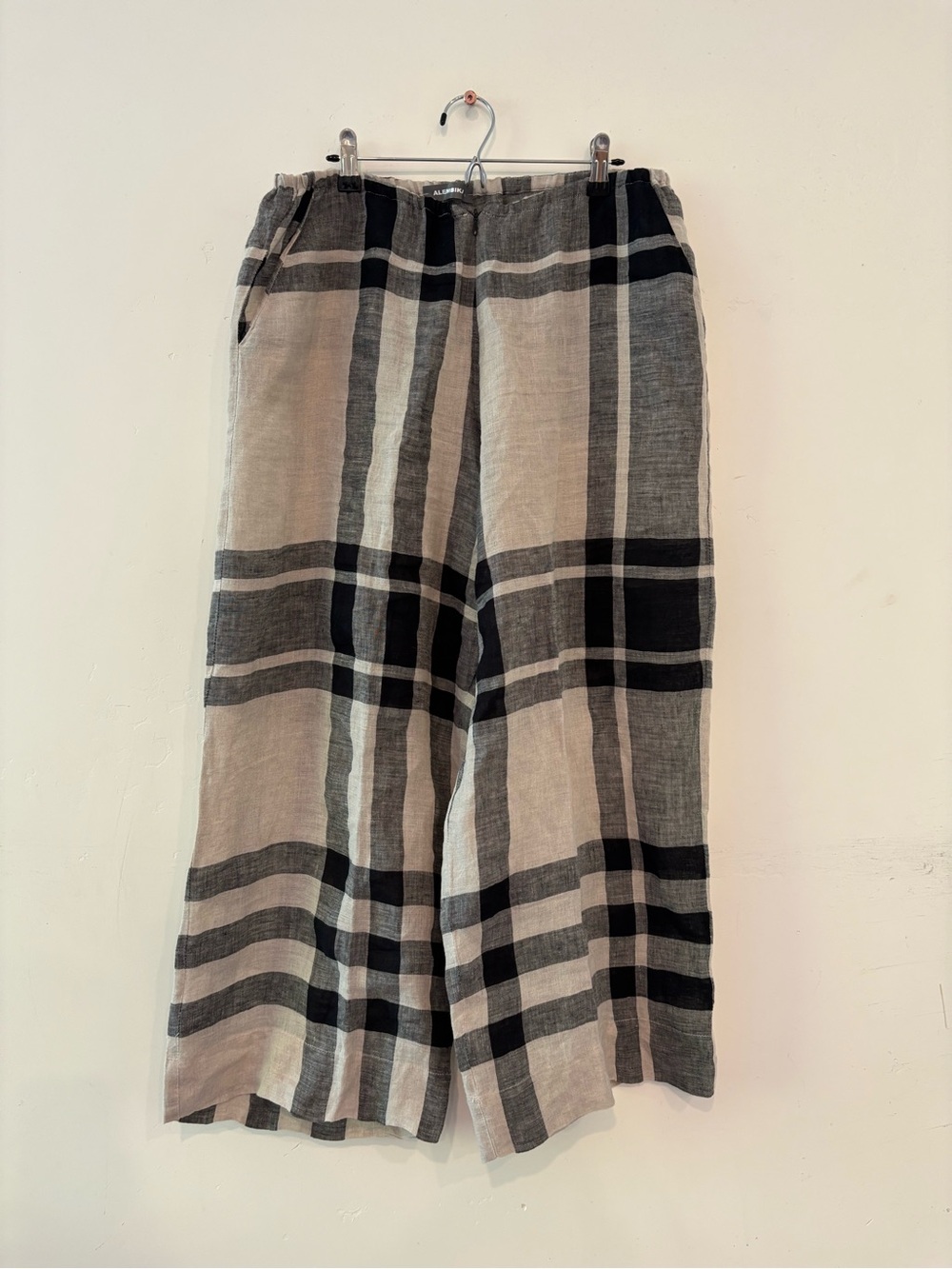 Alembika Black And Beige Checkered Wide Leg 100% Linen Trousers Size 4 Boho